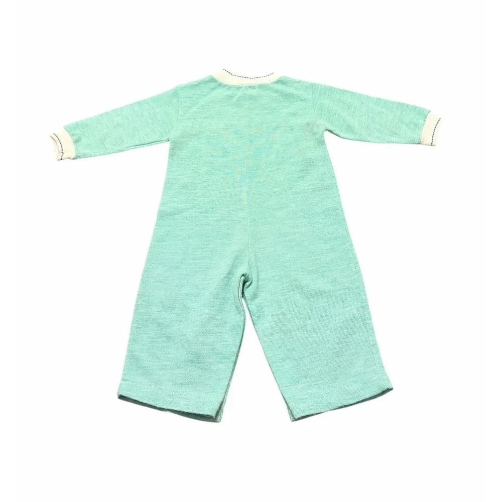Vtg HealthTex Romper 70s 80s Zip Button 12M Boys Green Horse‎ Jumpsuit Retro